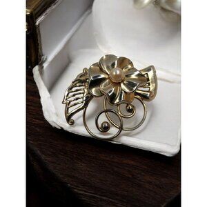 Vintage 1/20 12K Gold filled Faux Pearl Floral Scroll Brooch / Pin / Pendant